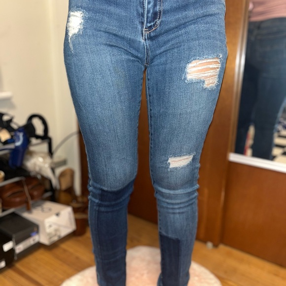 New York & Company Soho Blue Skinny Jeans with Distressed & Patches Detailing - Picture 2 of 5